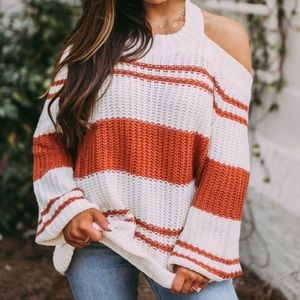 These Three Boutique Striped Cold Shoulder Sweater